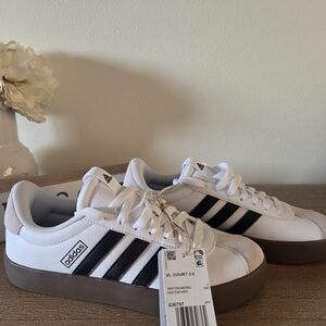 adidas VL Court 3.0 White Sneakers with Black Stripes Womens Size 6.5